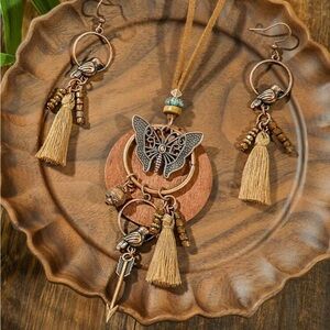 Butterfly Pendant Necklace and Earring Set in‎ Brown and Gold